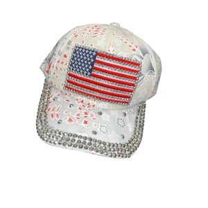Patriotic America flag red white blue Rhinestones floral baseball cap hat nwot